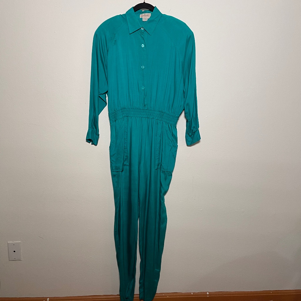 Vintage 90s Buffums Turquoise Teal Long Sleeve Silk Jumpsuit Women's Medium